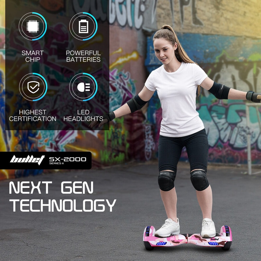 Bullet SX-2000 Hoverboard Scooter 500W Brushless, UL Certified, AU Compliant, Superior Self Balancing System, LED Lights, Pink Camo