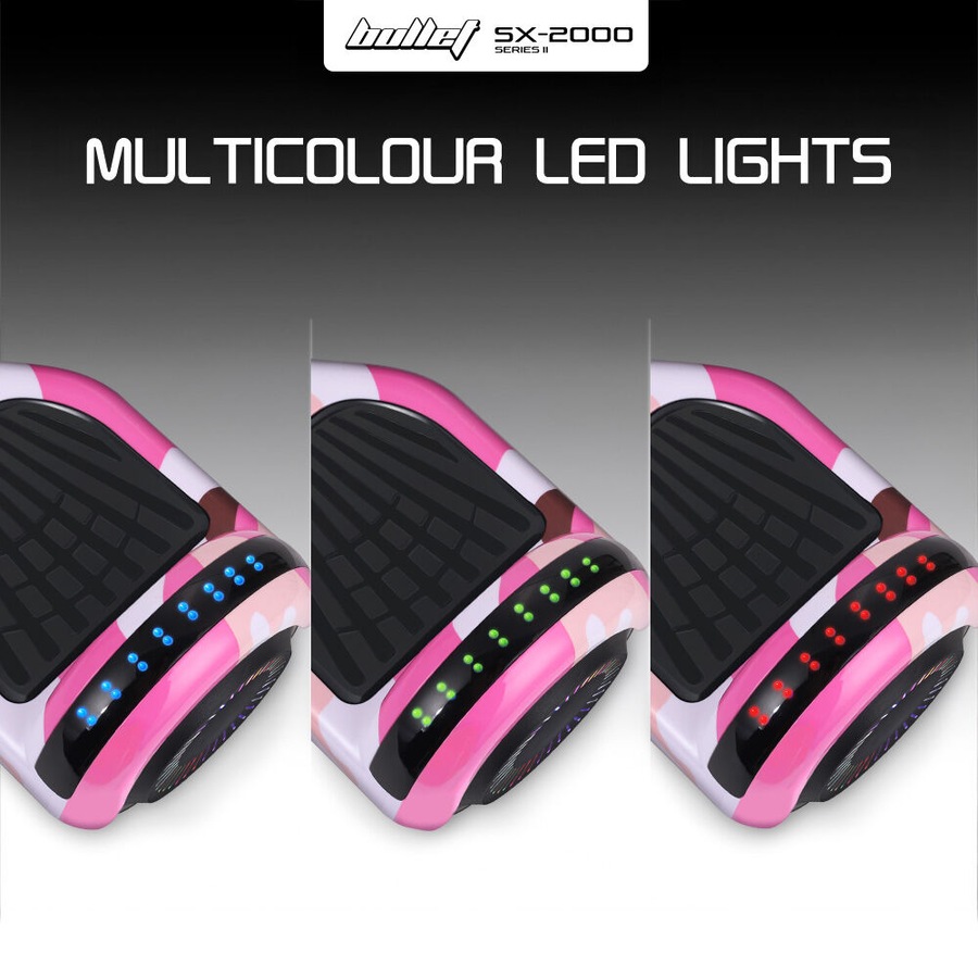 Bullet SX-2000 Hoverboard Scooter 500W Brushless, UL Certified, AU Compliant, Superior Self Balancing System, LED Lights, Pink Camo