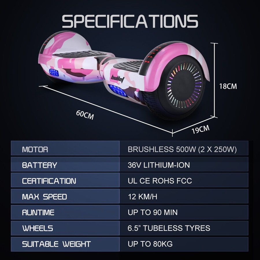Bullet SX-2000 Hoverboard Scooter 500W Brushless, UL Certified, AU Compliant, Superior Self Balancing System, LED Lights, Pink Camo