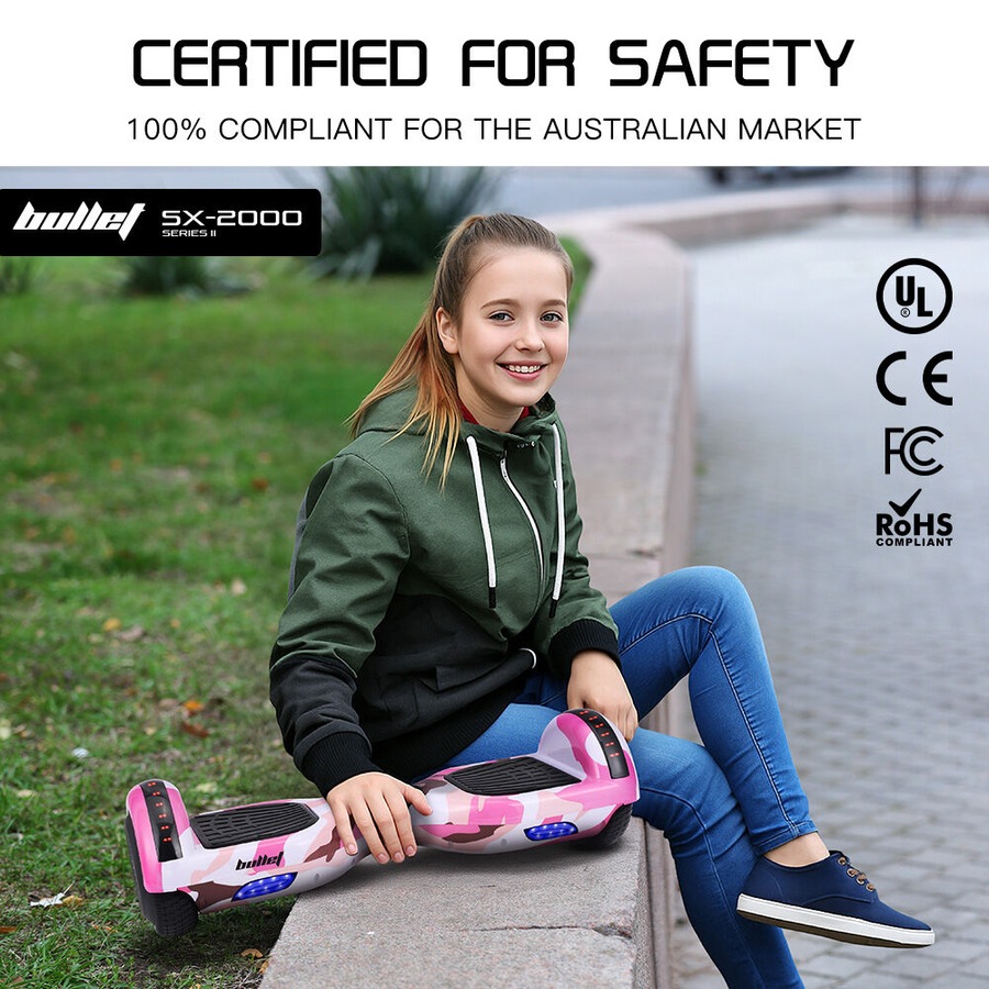 Bullet SX-2000 Hoverboard Scooter 500W Brushless, UL Certified, AU Compliant, Superior Self Balancing System, LED Lights, Pink Camo