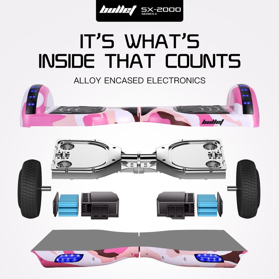 Bullet SX-2000 Hoverboard Scooter 500W Brushless, UL Certified, AU Compliant, Superior Self Balancing System, LED Lights, Pink Camo