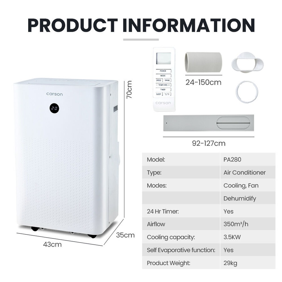 CARSON 3.5kW Portable Air Conditioner, with Dehumidifier Mode & Fan Cooler