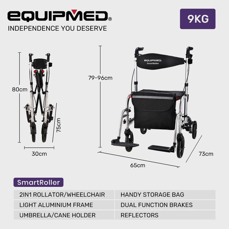 Buy EQUIPMED 2in1 Folding Rollator Aluminium Walking Frame Mobility