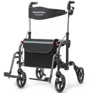 EQUIPMED 2-in-1 Folding Rollator and Transit Wheelchair with Bag Mobility Walking Frame, Titanium