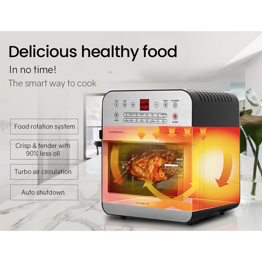 EUROCHEF Air Fryer Oven 16L Digital Electric Airfryer Rotisserie Large Big Dry Cooker, Silver