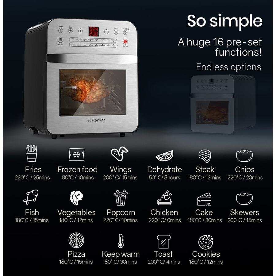 EUROCHEF Air Fryer Oven 16L Digital Electric Airfryer Rotisserie Large Big Dry Cooker, Silver
