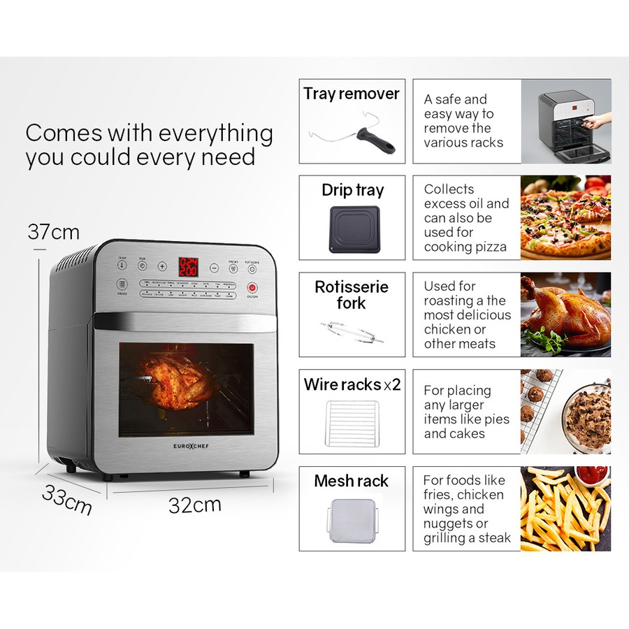 EUROCHEF Air Fryer Oven 16L Digital Electric Airfryer Rotisserie Large Big Dry Cooker, Silver