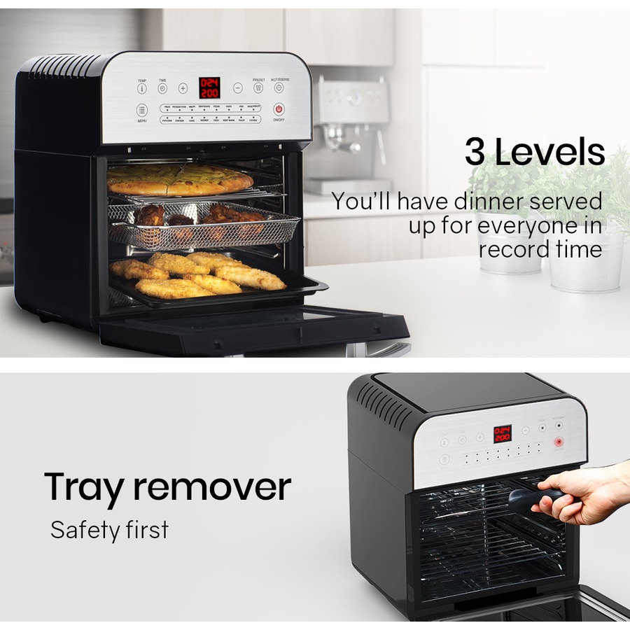 EUROCHEF Air Fryer Oven 16L Digital Electric Airfryer Rotisserie Large Big Dry Cooker, Silver