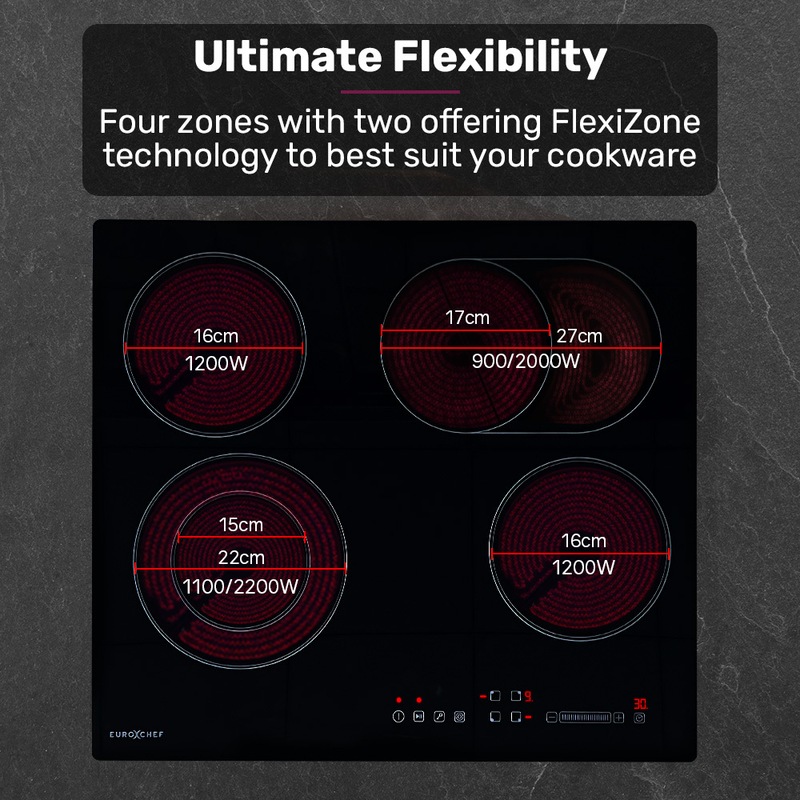 Buy EuroChef 60cm 4 Zone Ceramic Cooktop, 6600W Electric, FlexiZone Adjustable Size Hobs, Touch