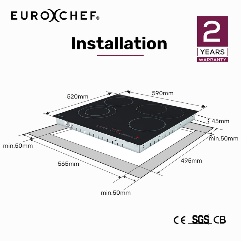 Buy EuroChef 60cm 4 Zone Ceramic Cooktop, 6600W Electric, FlexiZone Adjustable Size Hobs, Touch