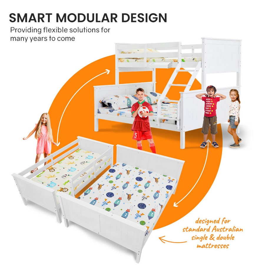 Kingston Slumber Triple Wooden Single Over Double Bunk Bed Frame for Kids, Convertible Design, White