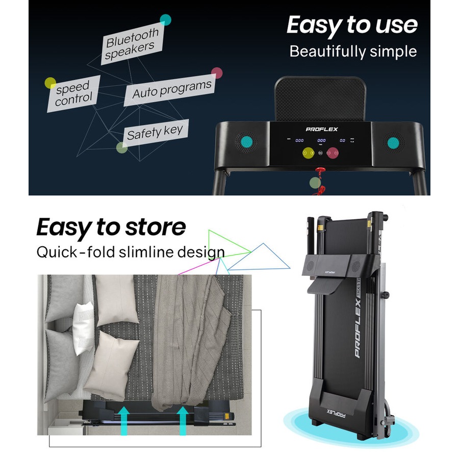 PROFLEX Electric Treadmill Folding Compact Small Walking Running Machine Home Gym, Bluetooth Speaker