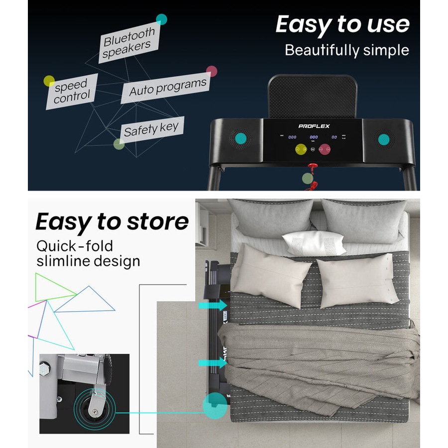 PROFLEX Electric Treadmill Folding Compact Small Walking Running Machine Home Gym, Bluetooth Speaker