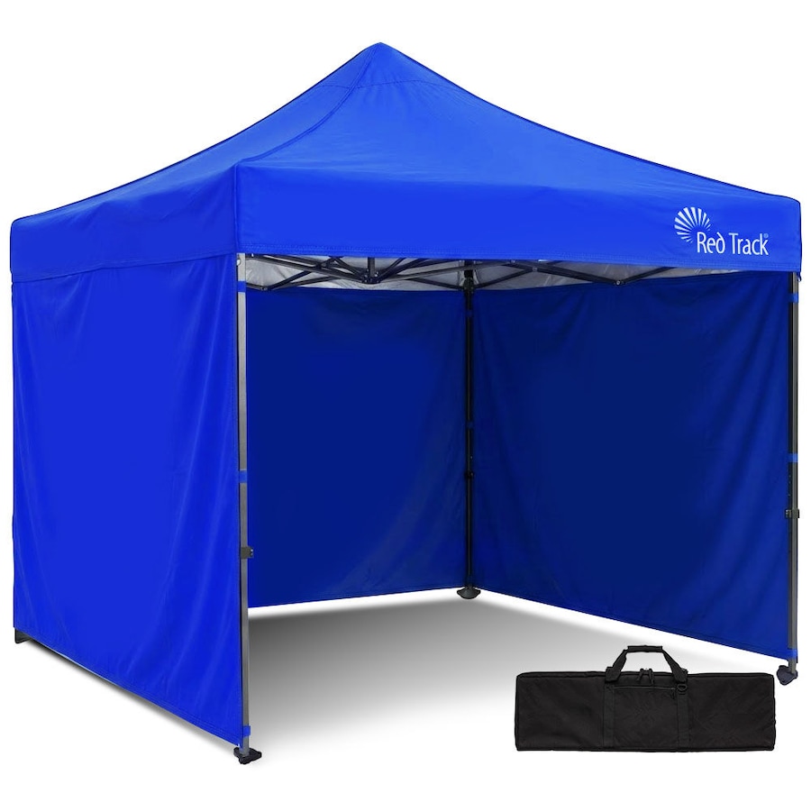 Red Track 3x3m Premium Pop Up Gazebo Marquee Patented Steel Cable Canopy Support System, Wheeled Carry Bag, Side Walls, UV Block, Reinforced Frame, Blue