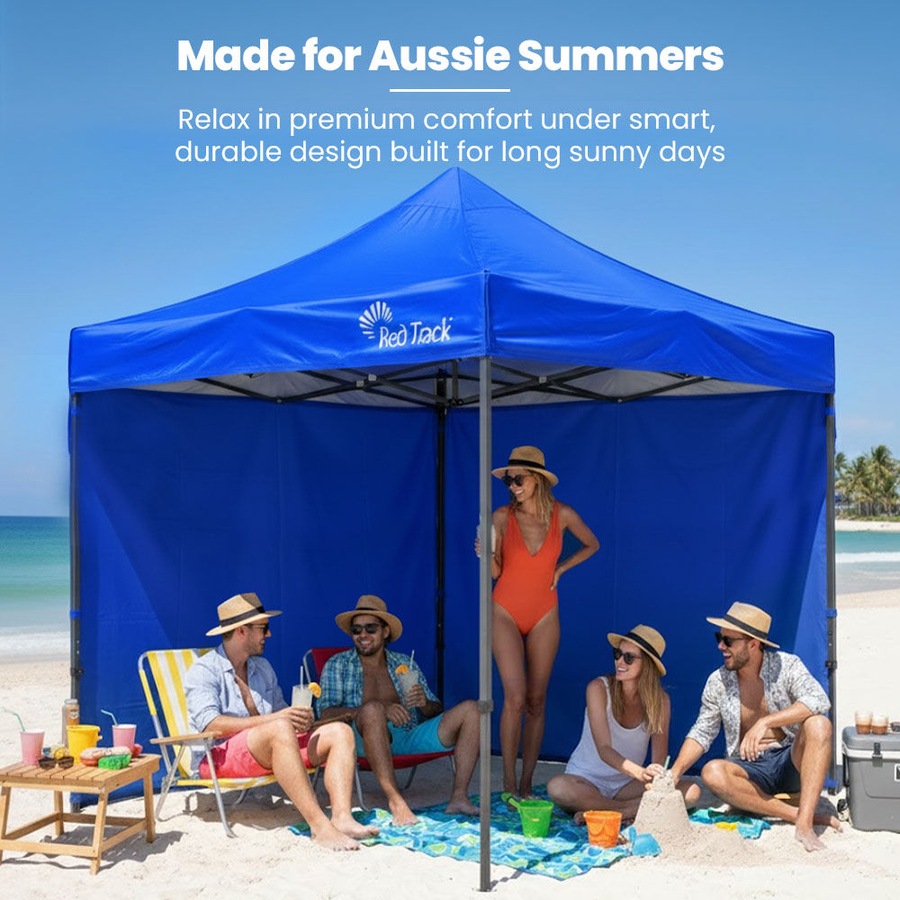 Red Track 3x3m Premium Pop Up Gazebo Marquee Patented Steel Cable Canopy Support System, Wheeled Carry Bag, Side Walls, UV Block, Reinforced Frame, Blue