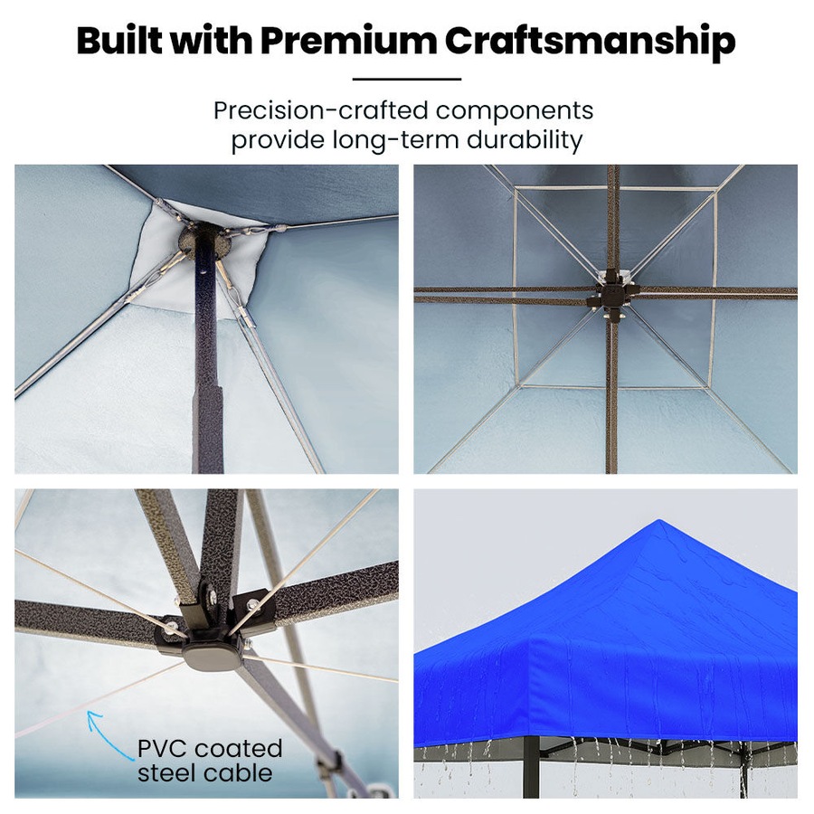 Red Track 3x3m Premium Pop Up Gazebo Marquee Patented Steel Cable Canopy Support System, Wheeled Carry Bag, Side Walls, UV Block, Reinforced Frame, Blue