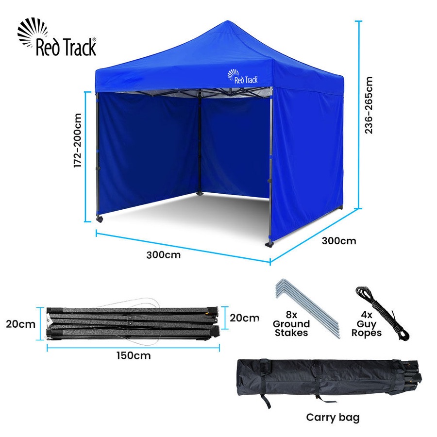 Red Track 3x3m Premium Pop Up Gazebo Marquee Patented Steel Cable Canopy Support System, Wheeled Carry Bag, Side Walls, UV Block, Reinforced Frame, Blue