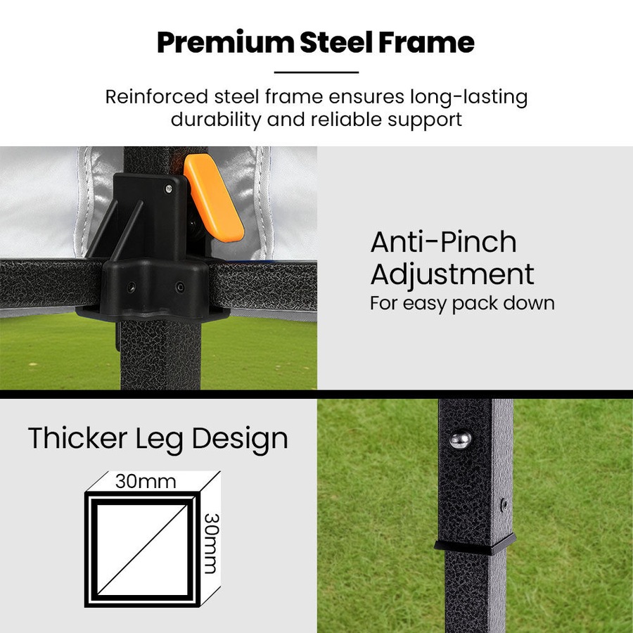 Red Track 3x3m Premium Pop Up Gazebo Marquee Patented Steel Cable Canopy Support System, Wheeled Carry Bag, Side Walls, UV Block, Reinforced Frame, Blue
