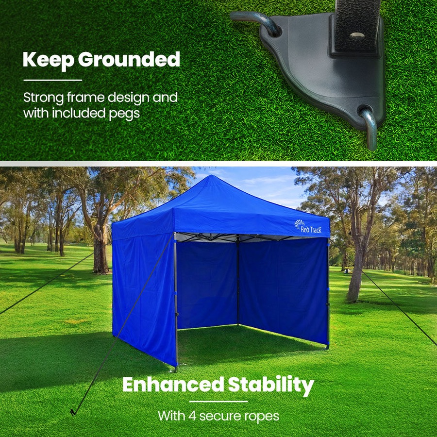 Red Track 3x3m Premium Pop Up Gazebo Marquee Patented Steel Cable Canopy Support System, Wheeled Carry Bag, Side Walls, UV Block, Reinforced Frame, Blue