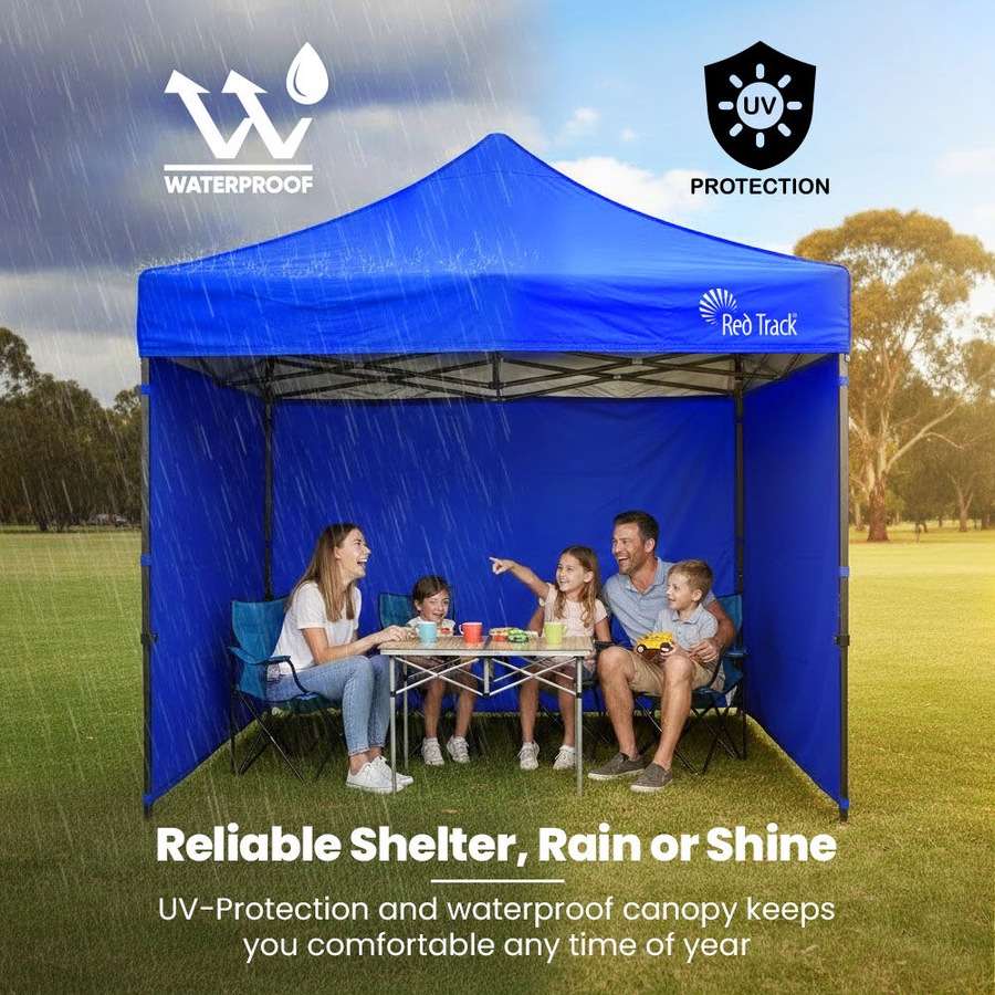 Red Track 3x3m Premium Pop Up Gazebo Marquee Patented Steel Cable Canopy Support System, Wheeled Carry Bag, Side Walls, UV Block, Reinforced Frame, Blue