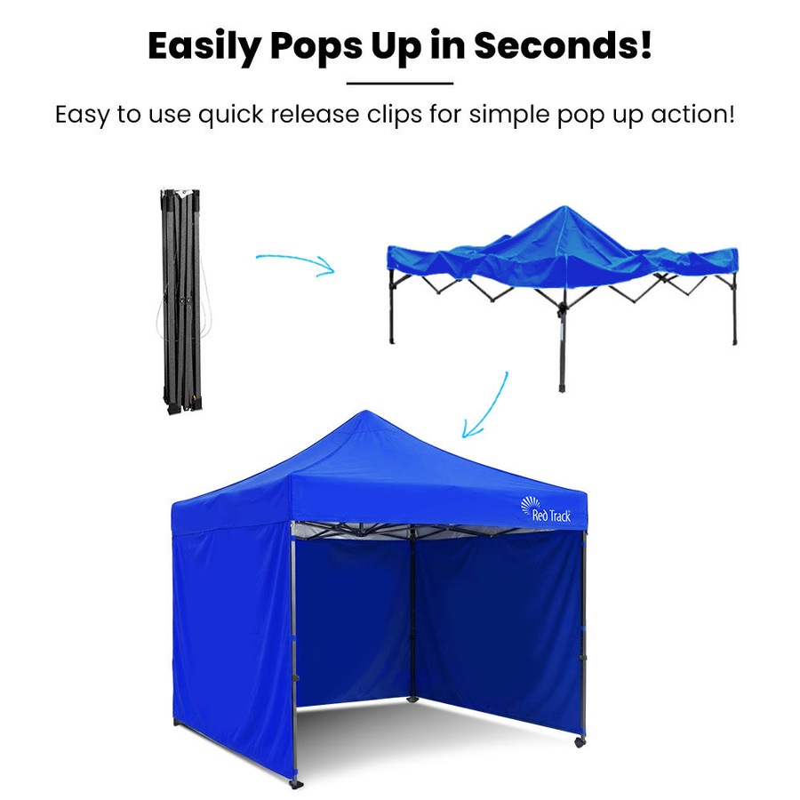Red Track 3x3m Premium Pop Up Gazebo Marquee Patented Steel Cable Canopy Support System, Wheeled Carry Bag, Side Walls, UV Block, Reinforced Frame, Blue