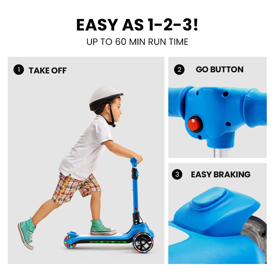 Rovo Kids 3-Wheel Electric Scooter Ages 3-8, Adjustable Height, AU Compliant, Lithium Battery, Blue