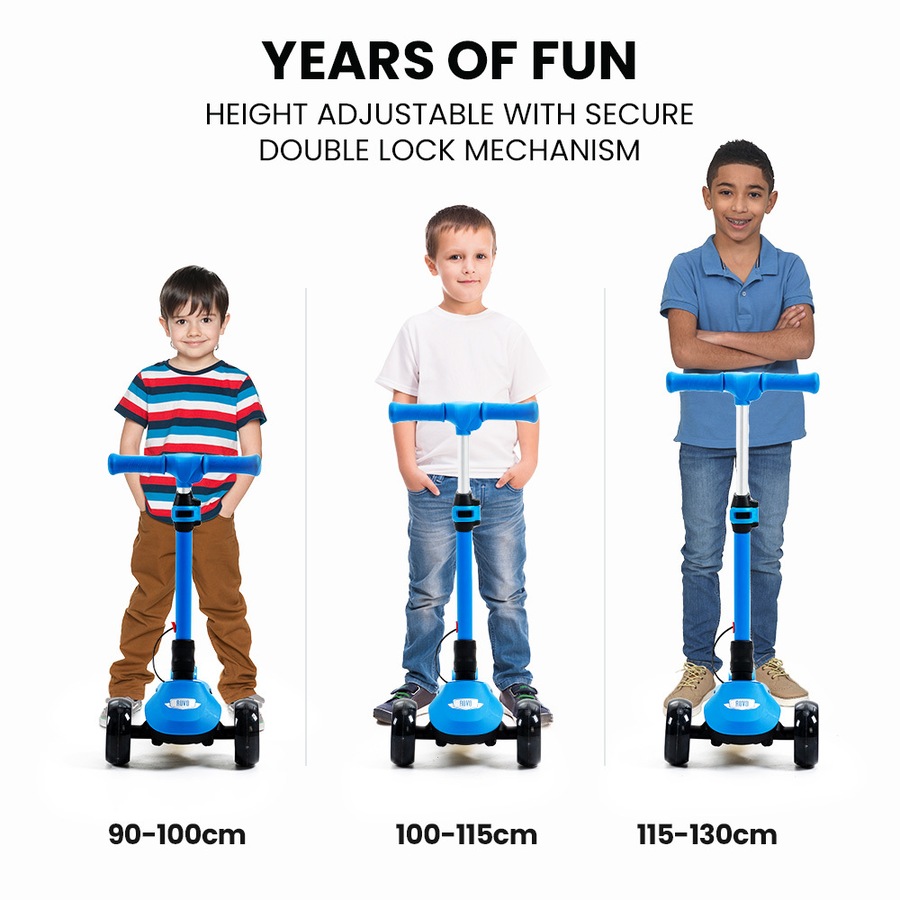 Rovo Kids 3-Wheel Electric Scooter Ages 3-8, Adjustable Height, AU Compliant, Lithium Battery, Blue
