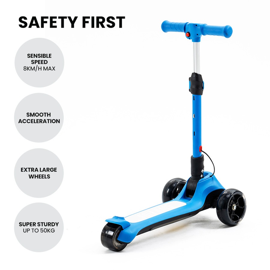 Rovo Kids 3-Wheel Electric Scooter Ages 3-8, Adjustable Height, AU Compliant, Lithium Battery, Blue