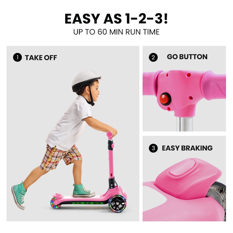 Rovo Kids 3-Wheel Electric Scooter Ages 3-8, Adjustable Height, AU Compliant, Lithium Battery, Pink