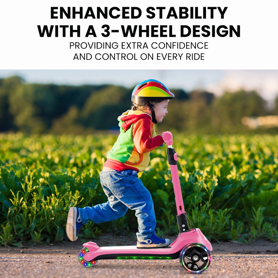 Rovo Kids 3-Wheel Electric Scooter Ages 3-8, Adjustable Height, AU Compliant, Lithium Battery, Pink