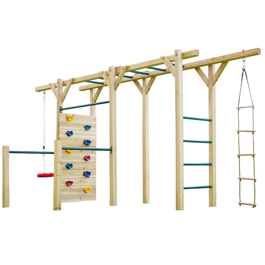 Rovo Kids Ultimate Outdoor Monkey Bars Playset Frame with Climbing Wall, Disc Swing, Rope Ladder