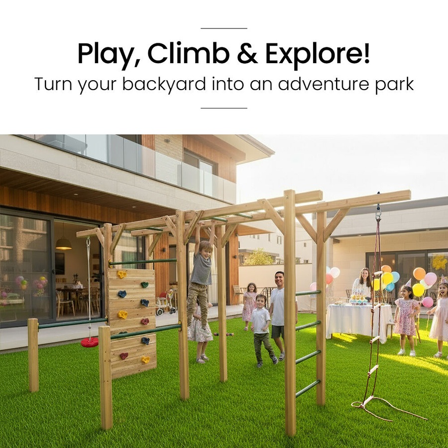 Rovo Kids Ultimate Outdoor Monkey Bars Playset Frame with Climbing Wall, Disc Swing, Rope Ladder