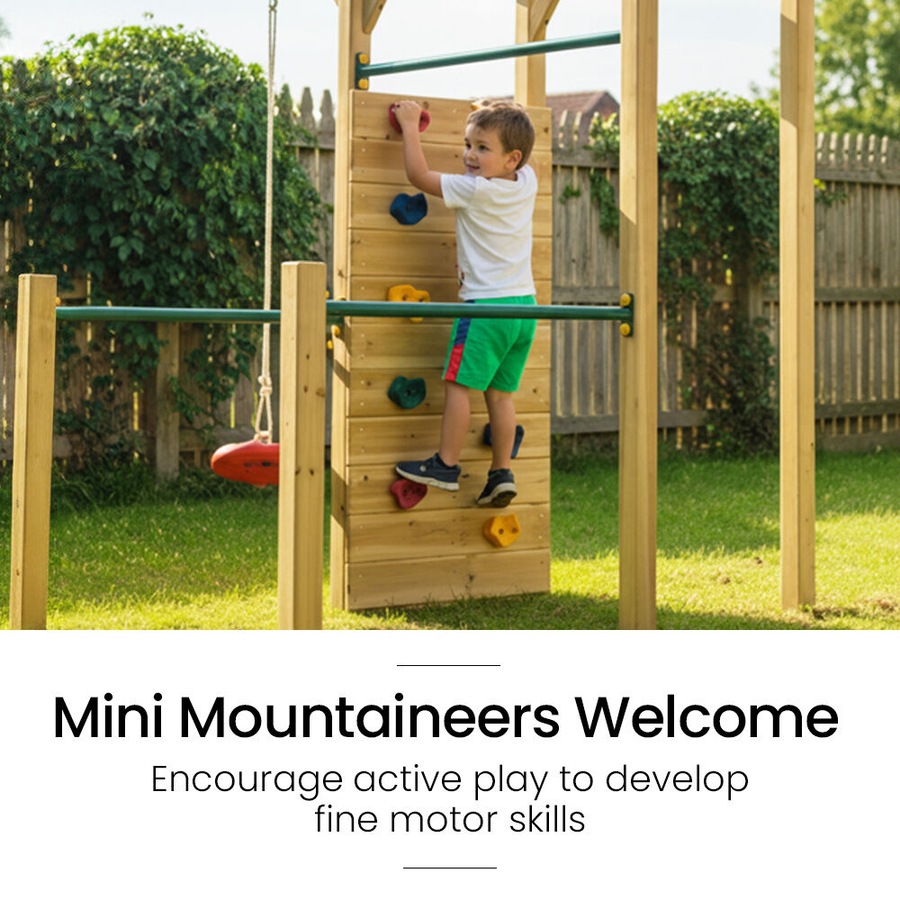 Rovo Kids Ultimate Outdoor Monkey Bars Playset Frame with Climbing Wall, Disc Swing, Rope Ladder