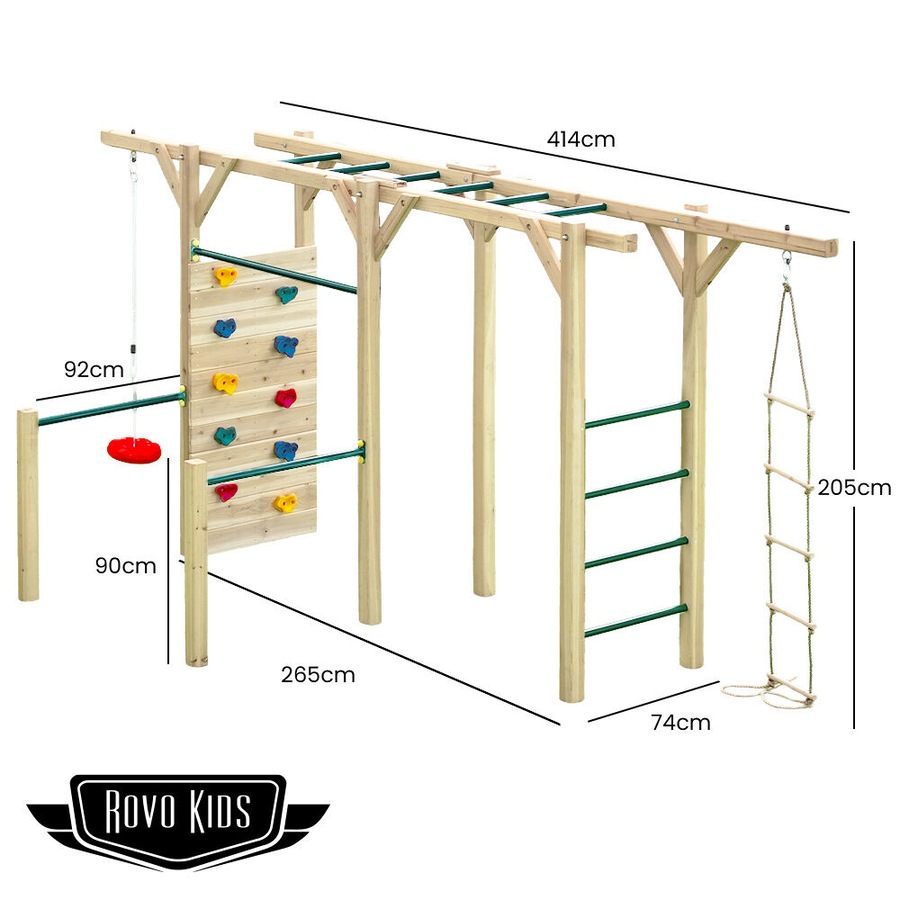 Rovo Kids Ultimate Outdoor Monkey Bars Playset Frame with Climbing Wall, Disc Swing, Rope Ladder
