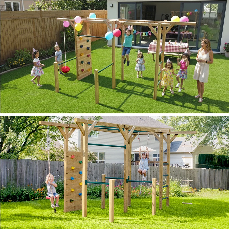 Rovo Kids Ultimate Outdoor Monkey Bars Playset Frame with Climbing Wall, Disc Swing, Rope Ladder