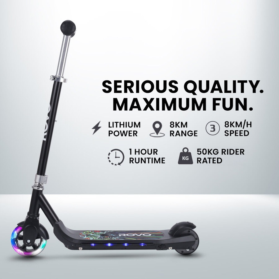 Rovo Kids WhizKid Electric Scooter Ages 5-11, Adjustable Height, AU Compliant, Lithium Battery, Brushless Motor, Black