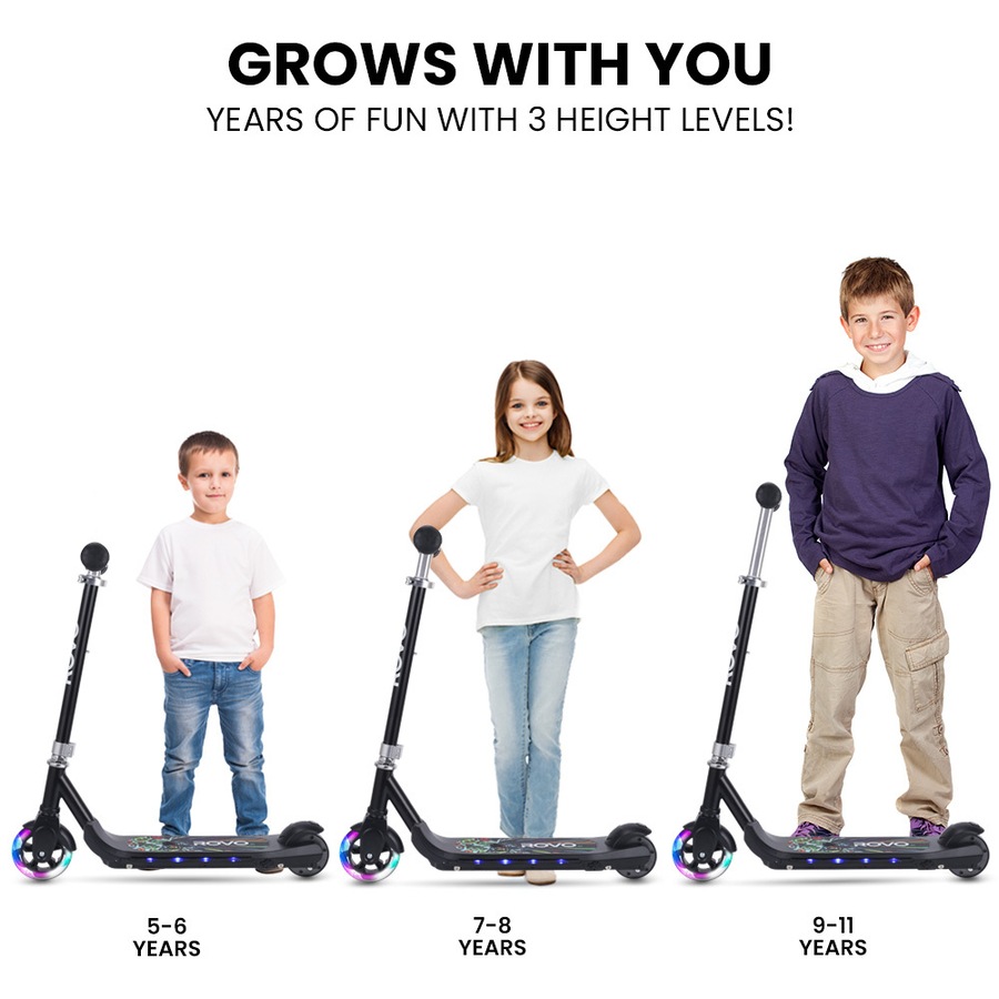 Rovo Kids WhizKid Electric Scooter Ages 5-11, Adjustable Height, AU Compliant, Lithium Battery, Brushless Motor, Black