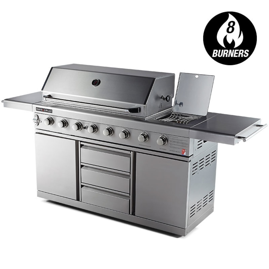 EuroGrille 8 Burner Outdoor BBQ Grill Commercial Barbecue Griller Gas Stainless Steel