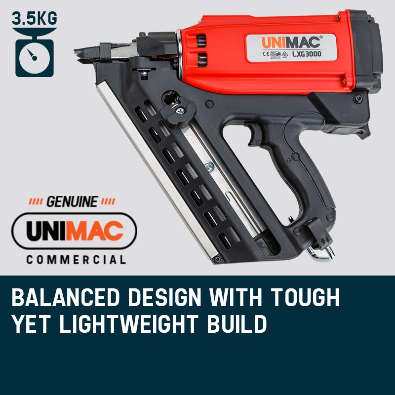Buy UNIMAC LXG3000 50 90mm 34 Deg Cordless Gas Framing Nail Gun Commercial Gas Nailer with 2 Li Ion Batteries MyDeal