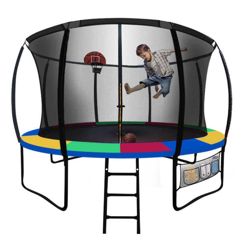 UP-SHOT 12ft Round Kids Trampoline Curved Pole Basketball Set Black ...