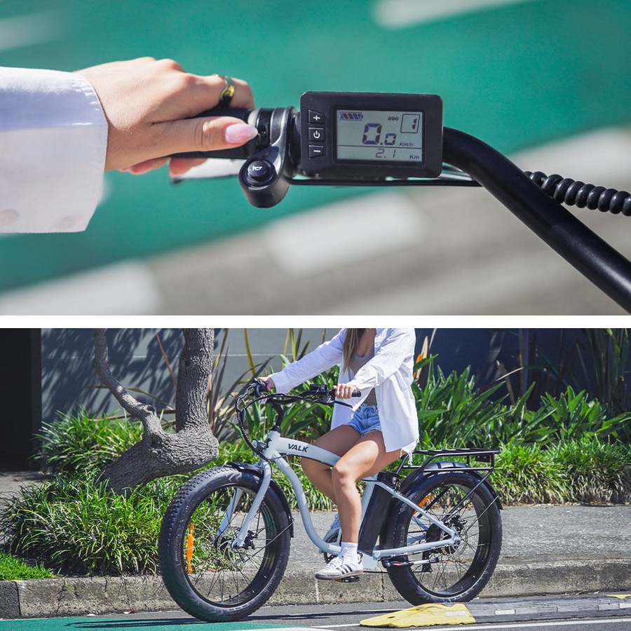 Valk Electric Fat Tyre Cruiser Bike eBike with Throttle, Tektro Hydraulic Brakes, Blue