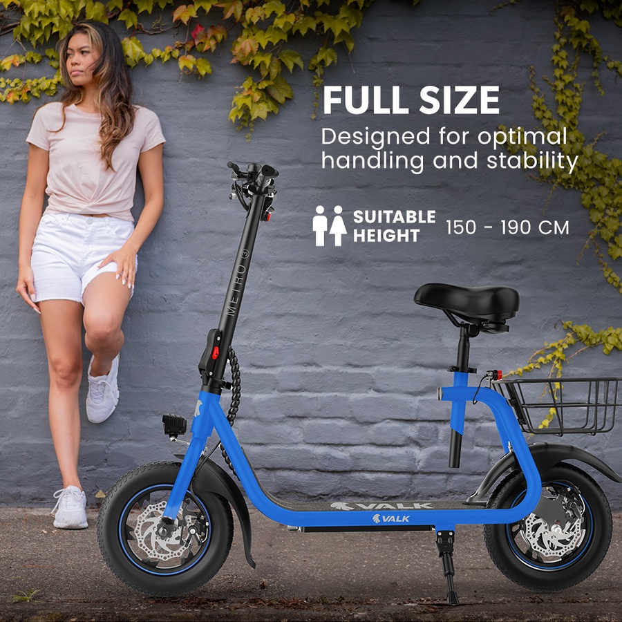 Valk Electric Scooter with Seat Disc brakes, 12" Tyres, AU Compliant, for Adults, Teens, Commuter, Blue