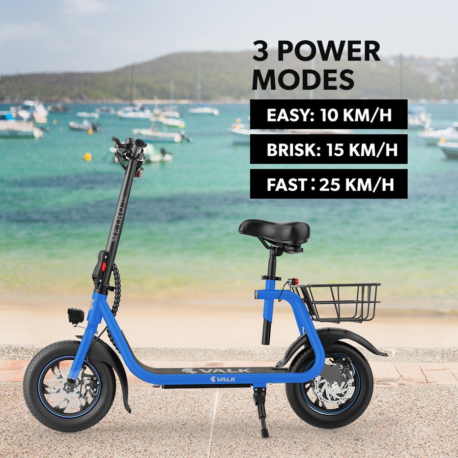 Valk Electric Scooter with Seat Disc brakes, 12" Tyres, AU Compliant, for Adults, Teens, Commuter, Blue
