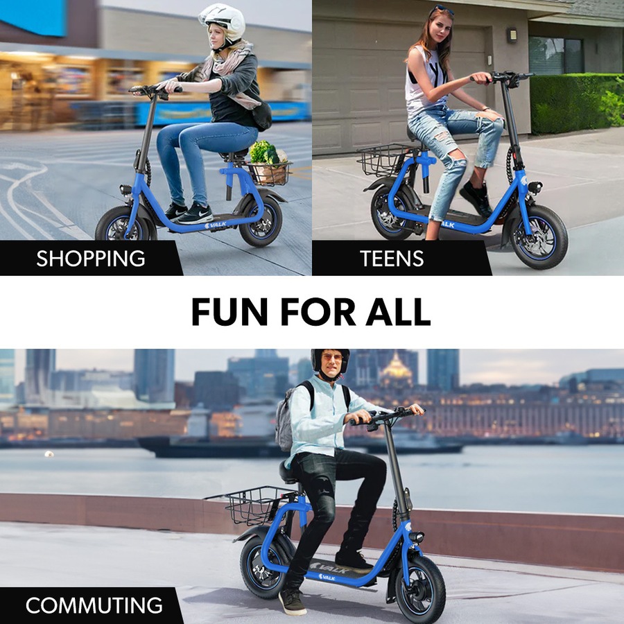 Valk Electric Scooter with Seat Disc brakes, 12" Tyres, AU Compliant, for Adults, Teens, Commuter, Blue