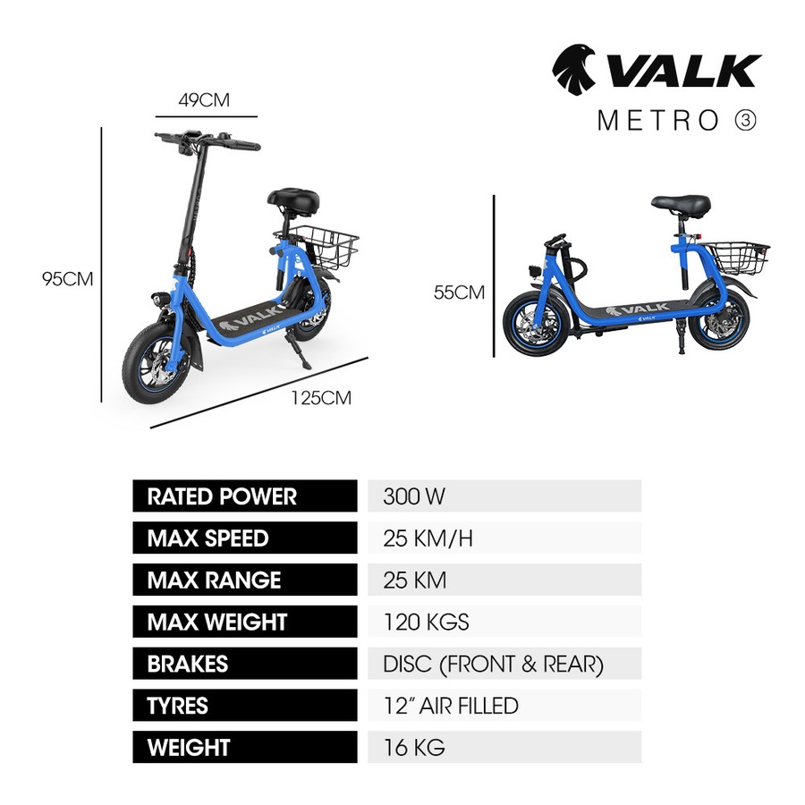 Valk Electric Scooter with Seat Disc brakes, 12" Tyres, AU Compliant, for Adults, Teens, Commuter, Blue