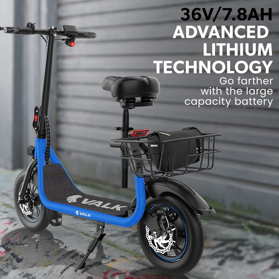Valk Electric Scooter with Seat Disc brakes, 12" Tyres, AU Compliant, for Adults, Teens, Commuter, Blue