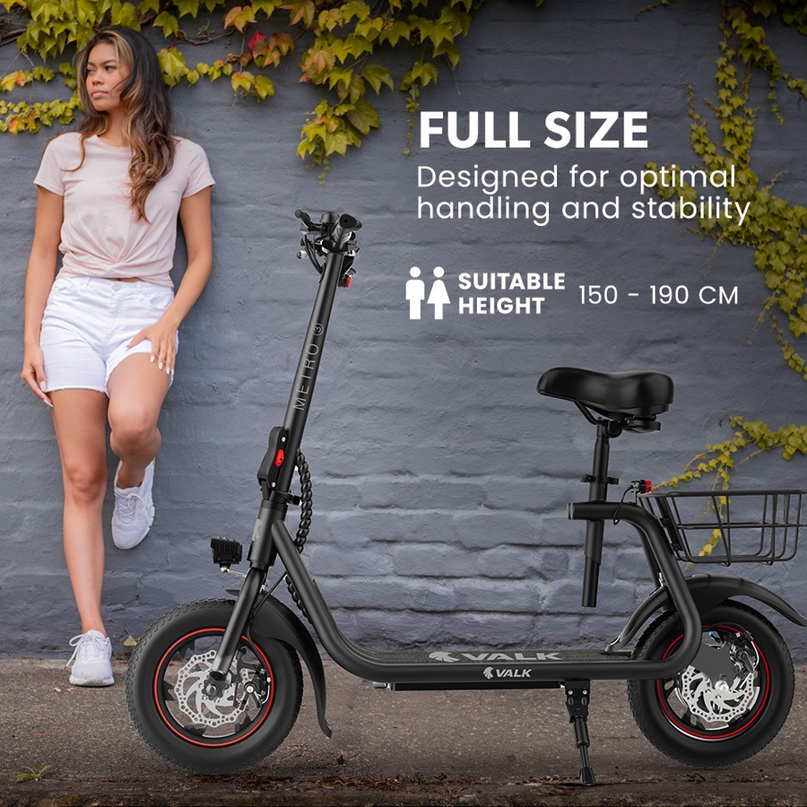 Valk Electric Scooter with Seat Disc brakes, 12" Tyres, AU Compliant, for Adults, Teens, Commuter, Black