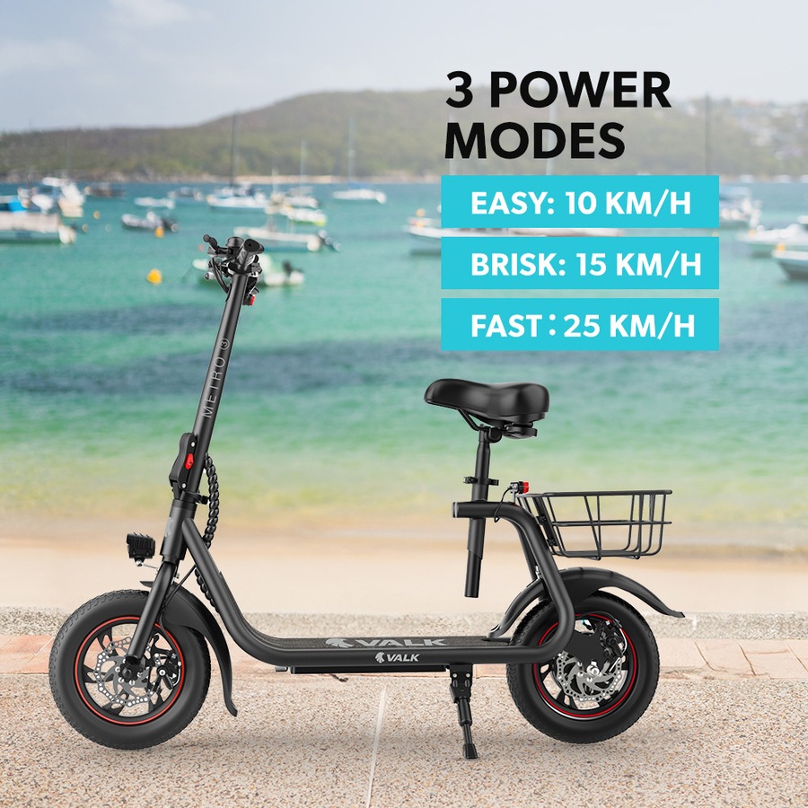 Valk Electric Scooter with Seat Disc brakes, 12" Tyres, AU Compliant, for Adults, Teens, Commuter, Black