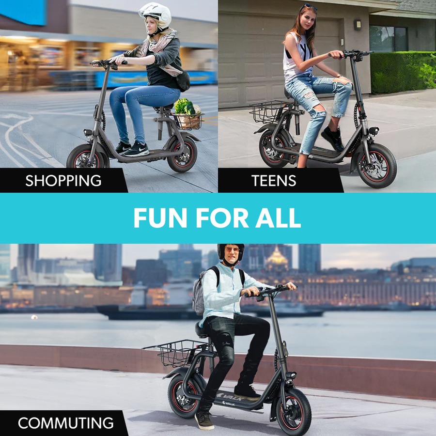 Valk Electric Scooter with Seat Disc brakes, 12" Tyres, AU Compliant, for Adults, Teens, Commuter, Black
