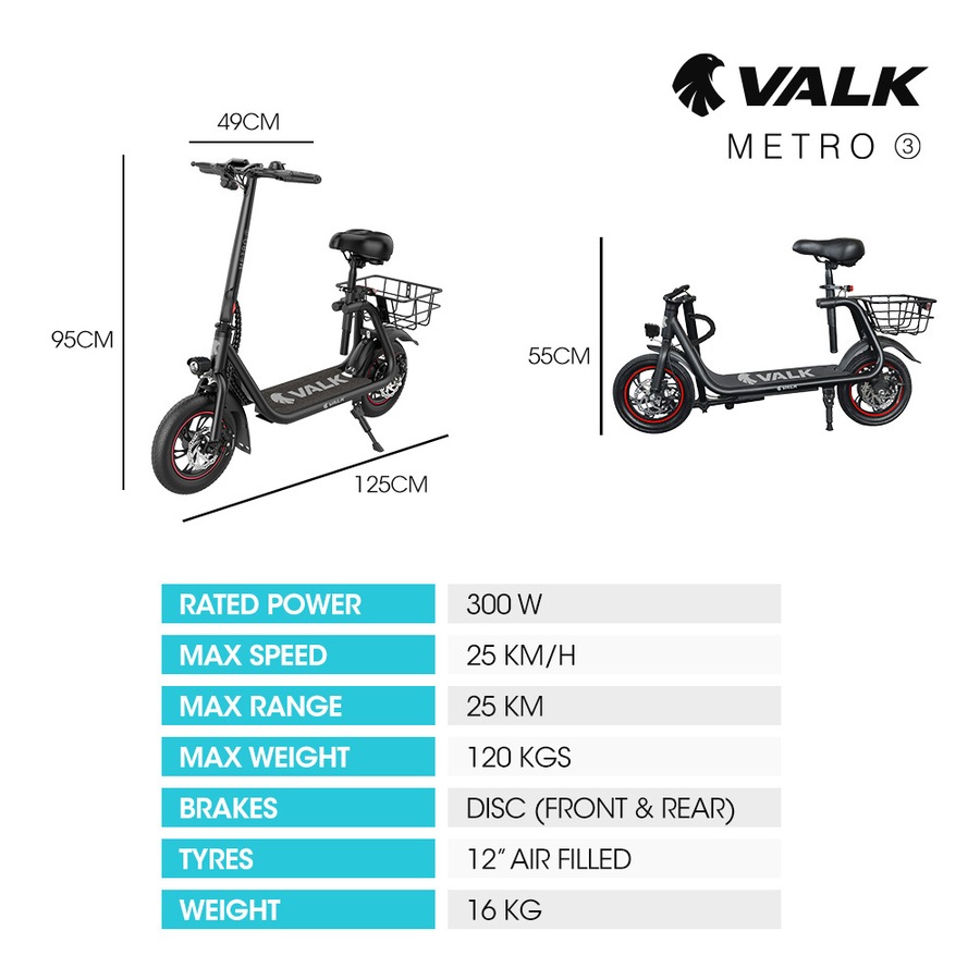 Valk Electric Scooter with Seat Disc brakes, 12" Tyres, AU Compliant, for Adults, Teens, Commuter, Black